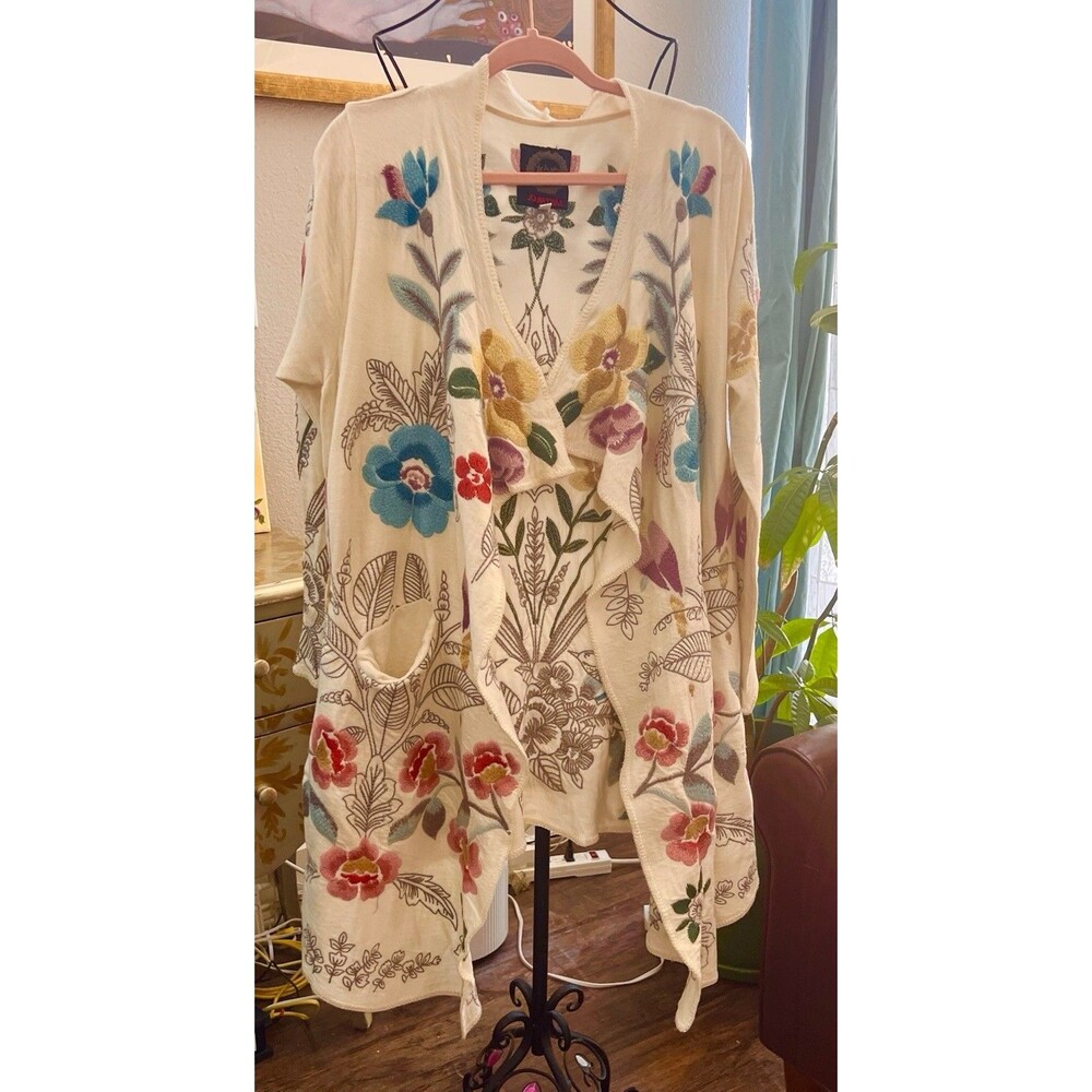 Johnny Was Biya Duster Cardigan Cream Cotton Multicolor Embroidery Size Large